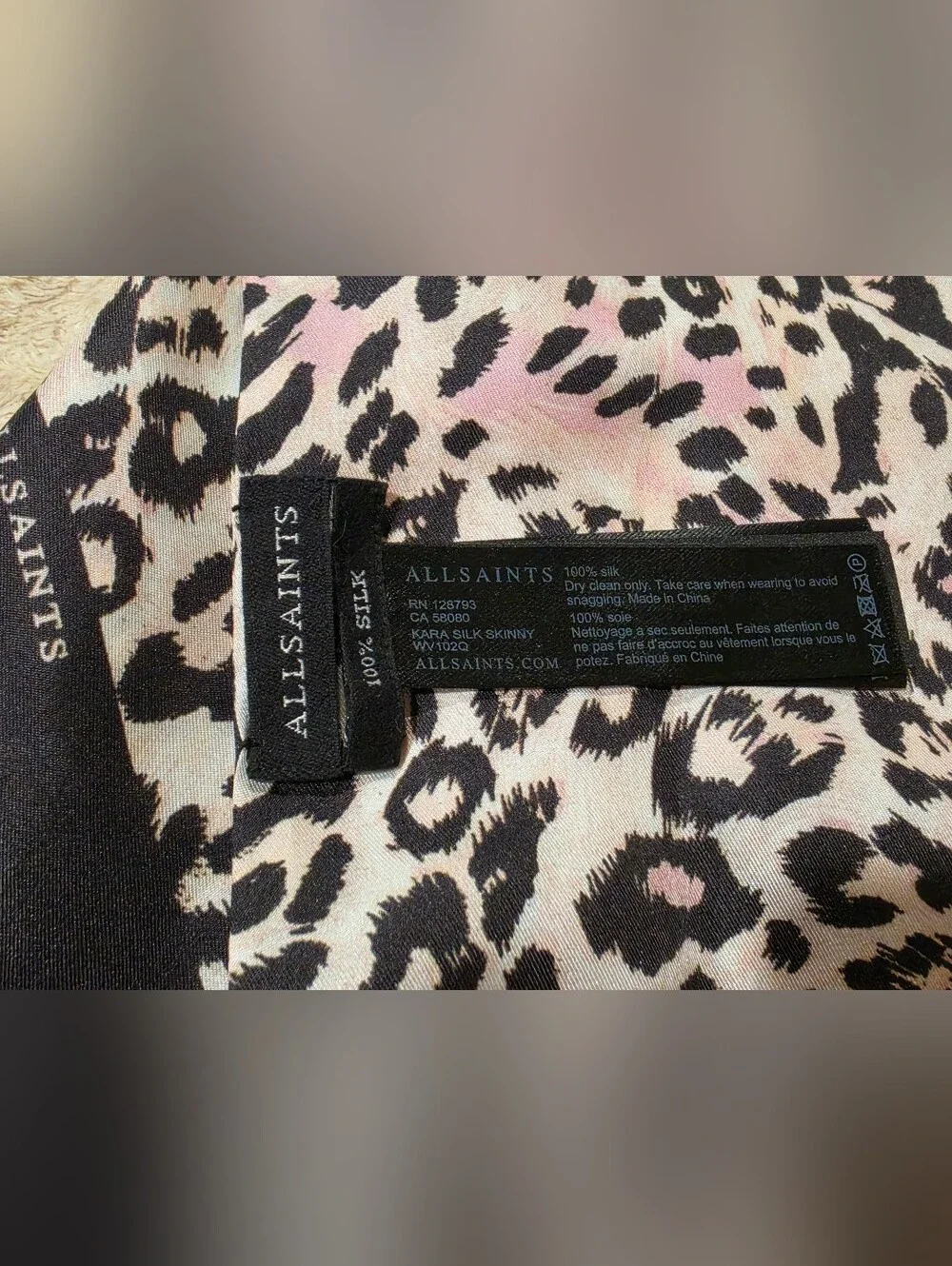 ALLSAINTS Kara Silk Skinny Scarf Pink Leopard Animal Print New